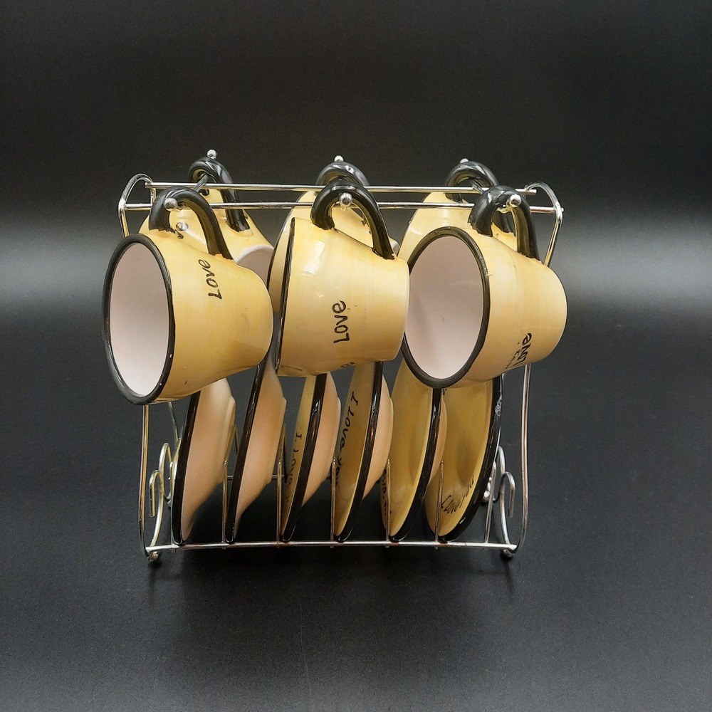 Set of 6 Yellow Coffee Cups Saucers with Love Heart Design and Stand